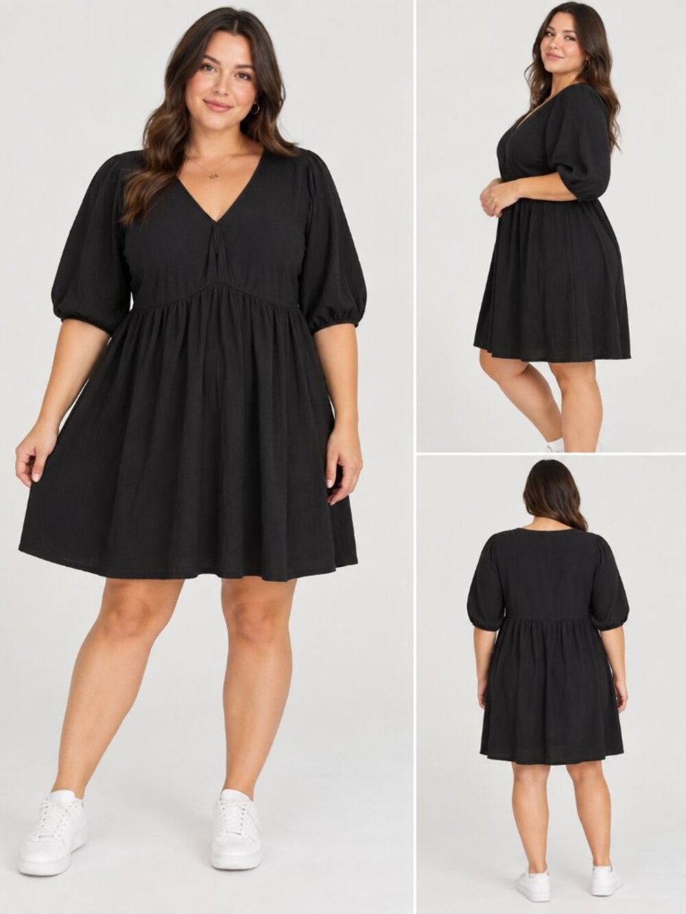 Ava & Viv Black Dress 1X Plus Size Babydoll Puff Sleeve Mini